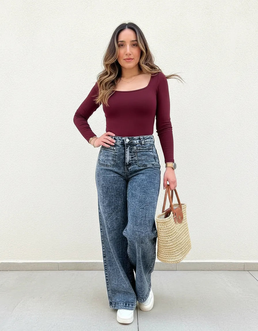 Jeans Super Wide Leg Tiro Alto Full Elasticado Bolsillos