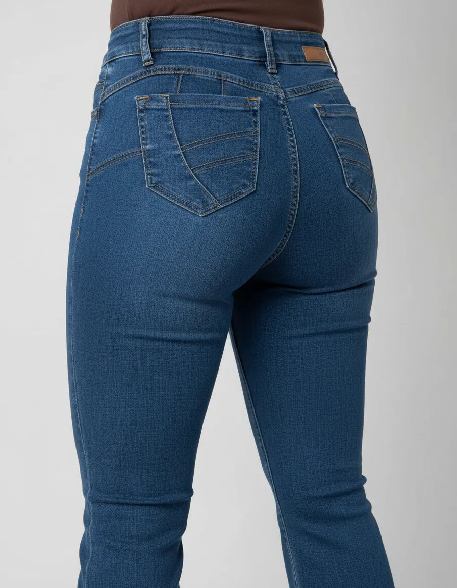 Jeans Mujer Flare Azul Tiro Alto Elasticado Efecto Push Up