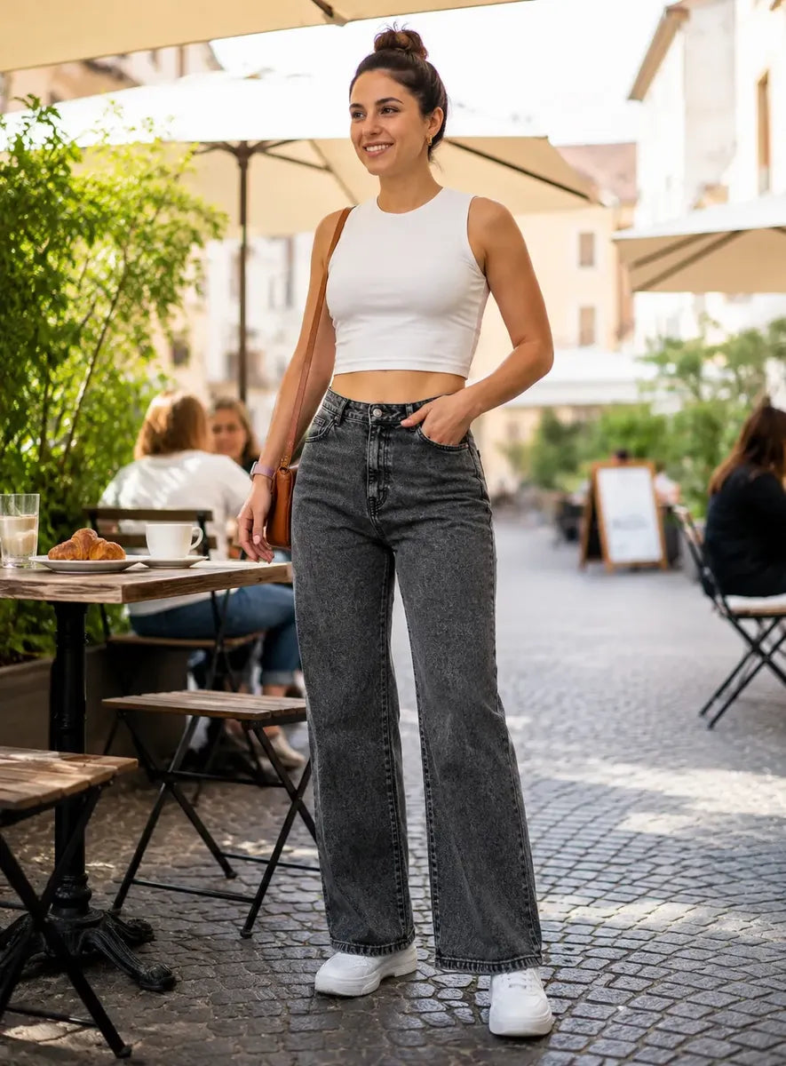 Jeans Mujer Wide Leg Gris Grafito Nevado Calce Holgado