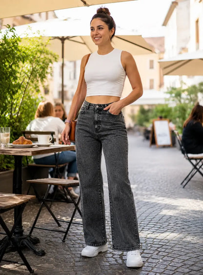 Jeans Mujer Wide Leg Gris Grafito Nevado Calce Holgado