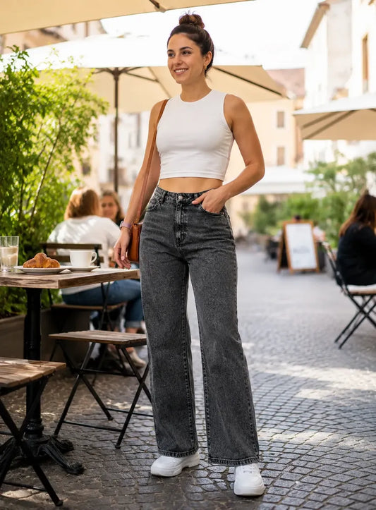 Jeans Mujer Wide Leg Gris Grafito Nevado Calce Holgado