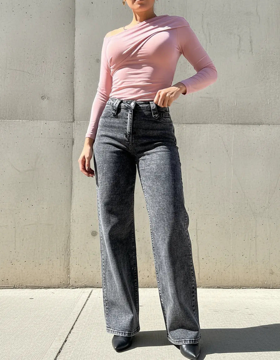 Jeans Mujer Wide Leg Gris Grafito Nevado Calce Holgado