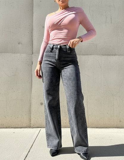 Jeans Mujer Wide Leg Gris Grafito Nevado Calce Holgado