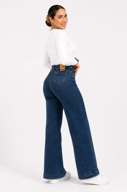 Jeans Wide Leg Tiro Alto Bolsillos Delanteros Horma Grande