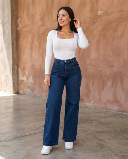 Jeans Wide Leg Corte Recto Tiro Alto Elasticado Azul Oscuro