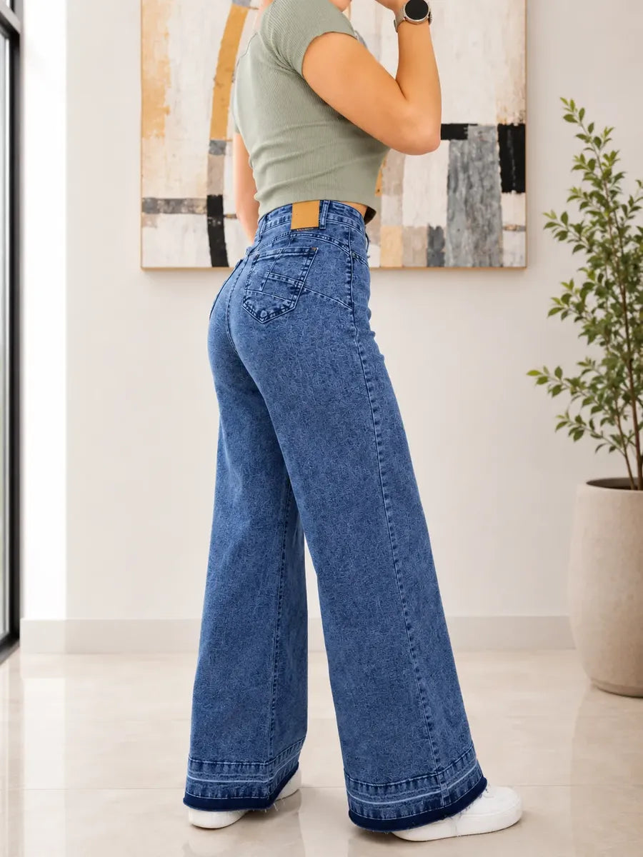 Jeans Wideleg Full Elasticado Azul Piedra Basta Deshilachada