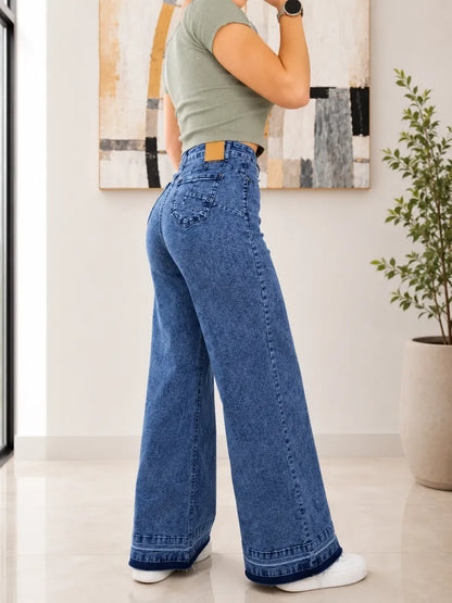 Jeans Wideleg Full Elasticado Azul Piedra Basta Deshilachada