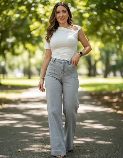 Jeans Super Wide Leg Tiro Alto Full Elasticado Bolsillos Gris Claro
