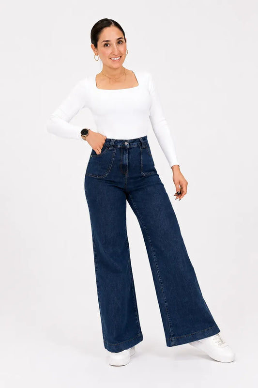 Jeans Wide Leg Tiro Alto Bolsillos Delanteros Horma Grande