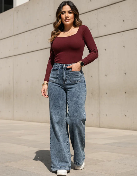 Jeans Super Wide Leg Tiro Alto Full Elasticado Bolsillos