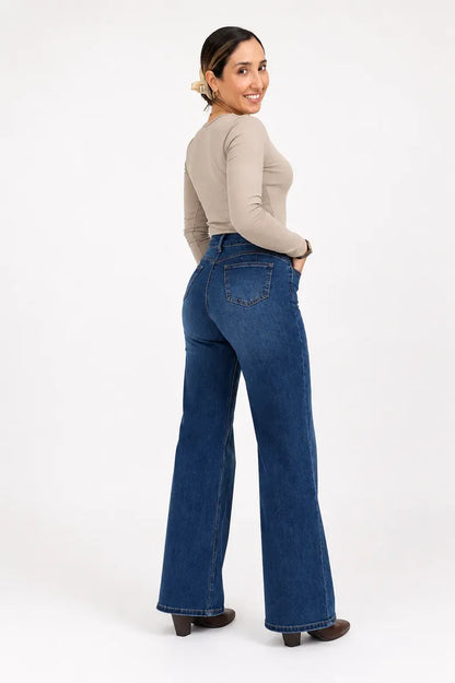 Jeans Mujer Wide Leg Azul Clásico Corte Recto Elasticado