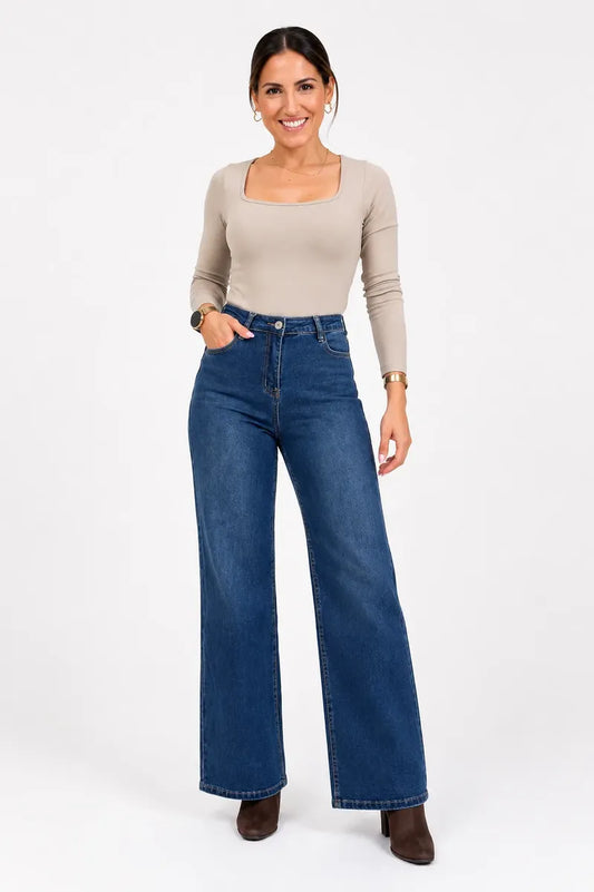 Jeans Mujer Wide Leg Azul Clásico Corte Recto Elasticado