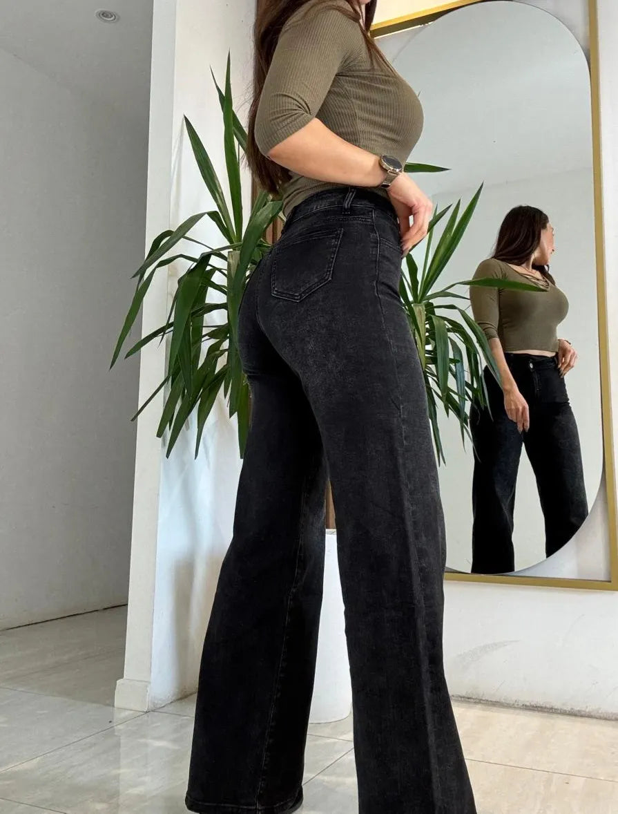 Jean Wide Leg Mujer Cintura Cruzada Tiro Alto Elastizado