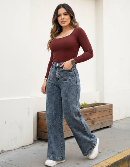 Jeans Super Wide Leg Tiro Alto Full Elasticado Bolsillos