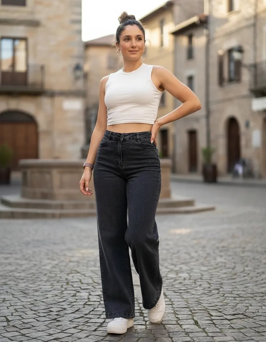 Jeans Mujer Negro Lavado Tiro Alto Elasticado Súper Cómodo
