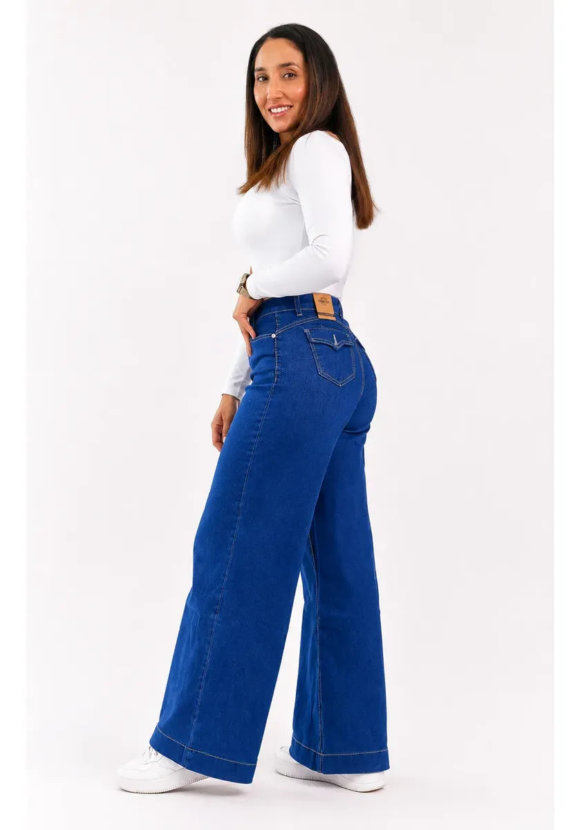 Jean Wide Leg Tiro Alto Elasticado Horma Grande Azul Intenso