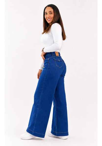 Jean Wide Leg Tiro Alto Elasticado Horma Grande Azul Intenso