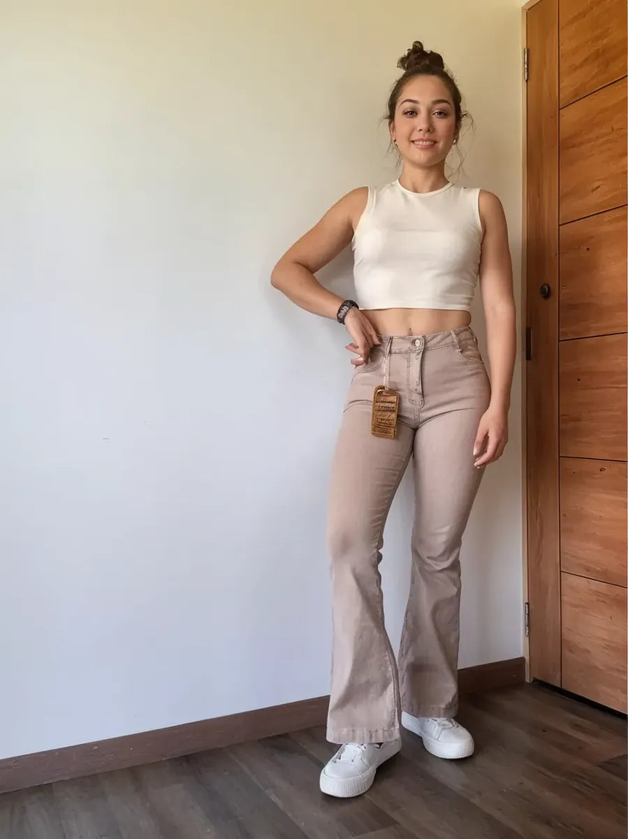 Jeans Mujer Flare Beige Elasticado Tiro Alto Push Up