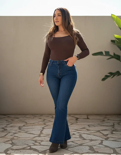Jeans Mujer Flare Azul Tiro Alto Elasticado Efecto Push Up