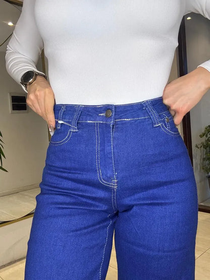 Jean Wide Leg Tiro Alto Elasticado Horma Grande Azul Intenso