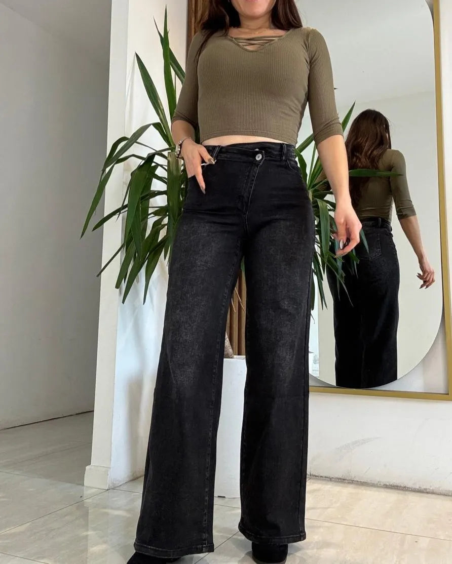 Jean Wide Leg Mujer Cintura Cruzada Tiro Alto Elastizado