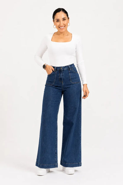 Jeans Wide Leg Tiro Alto Bolsillos Delanteros Horma Grande