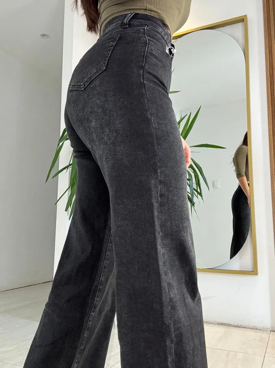 Jean Wide Leg Mujer Cintura Cruzada Tiro Alto Elastizado