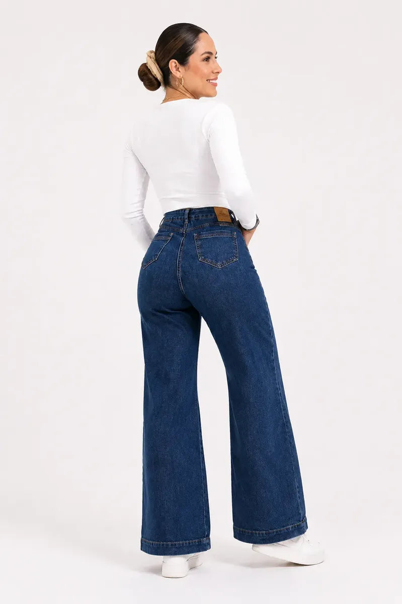 Jeans Wide Leg Tiro Alto Bolsillos Delanteros Horma Grande