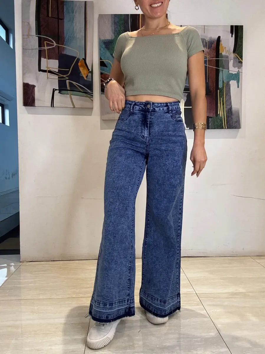 Jeans Wideleg Full Elasticado Azul Piedra Basta Deshilachada