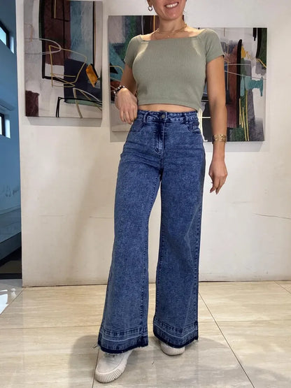 Jeans Wideleg Full Elasticado Azul Piedra Basta Deshilachada