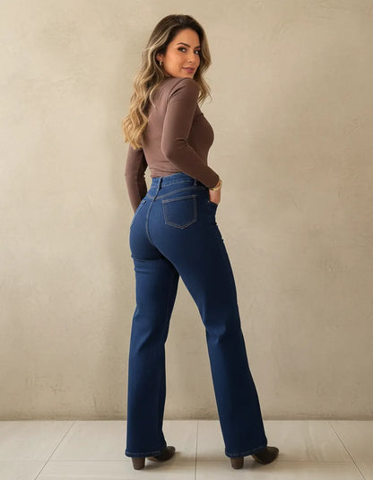 Jeans Mujer Wide Leg Azul Oscuro Corte Recto Elasticado