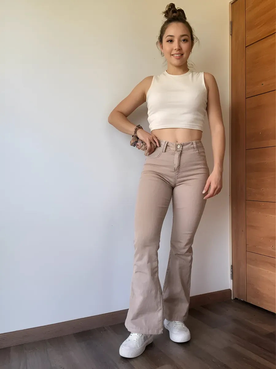 Jeans Mujer Flare Beige Elasticado Tiro Alto Push Up