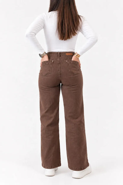 Jeans Wide Leg Cafe Tiro Alto Elasticado Recto Horma Grande