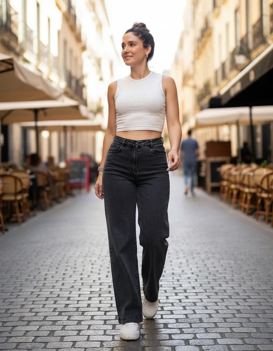 Jeans Mujer Negro Lavado Tiro Alto Elasticado Súper Cómodo
