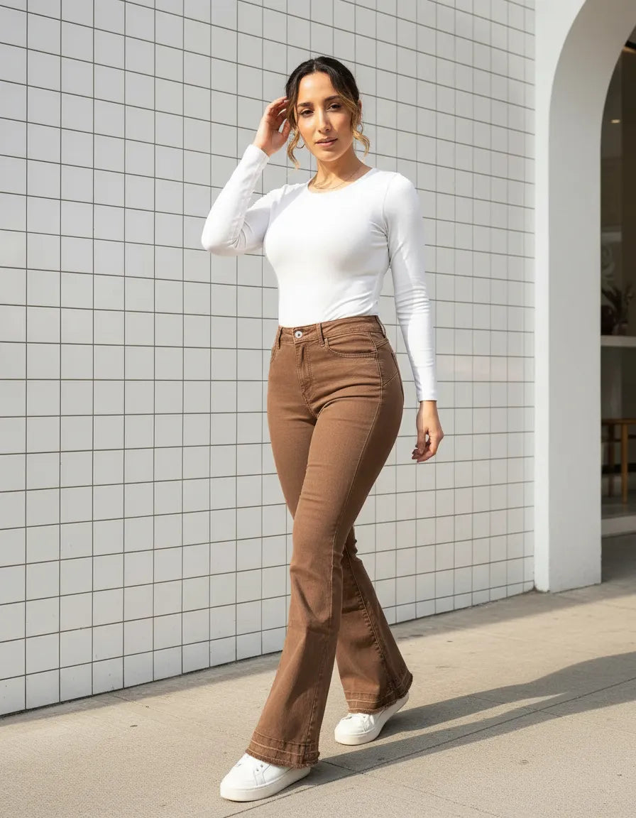 Jean Mujer Flare Café Chocolate Tiro Alto Elasticado Push Up (Basta deshilachada)