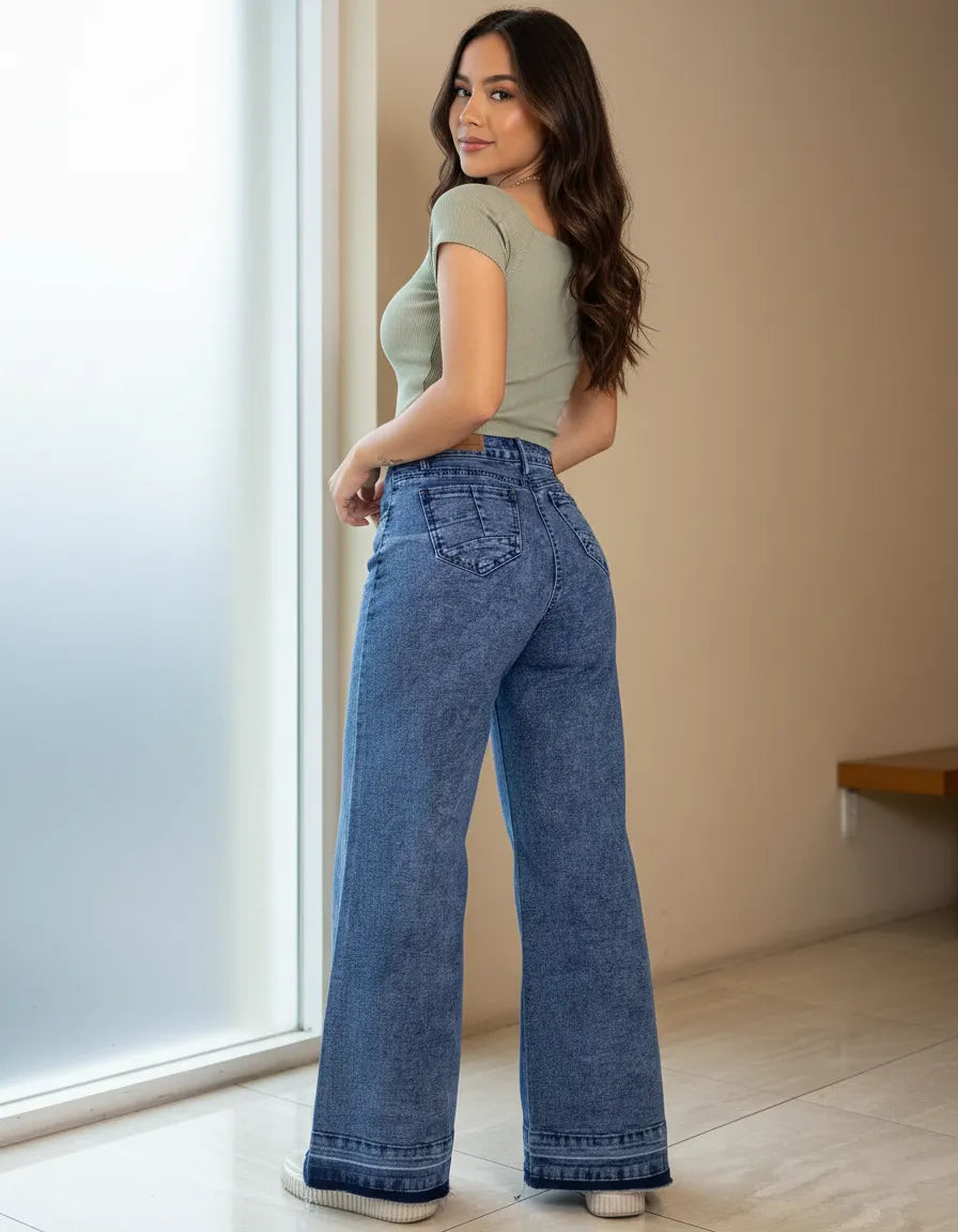 Jeans Wideleg Full Elasticado Azul Piedra Basta Deshilachada