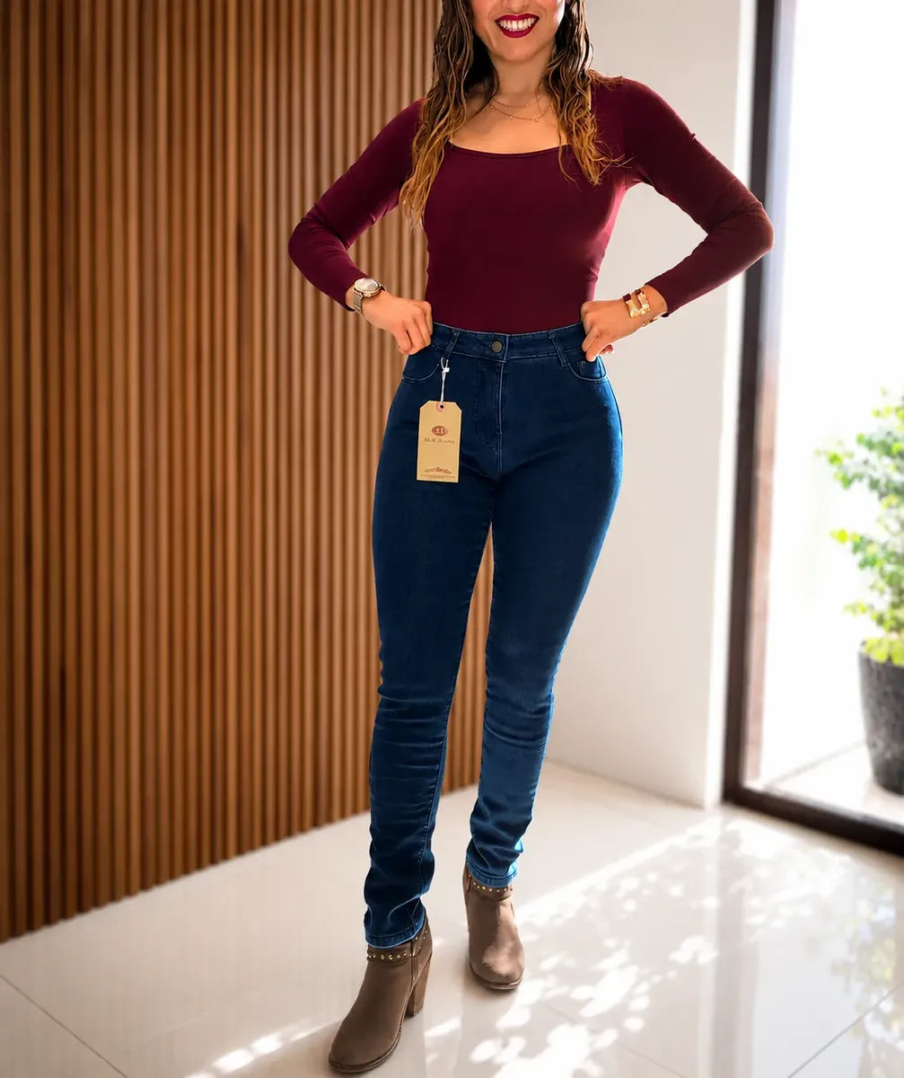 Jeans Pitillo Skinny Con Polar Azul Elasticado Push Up