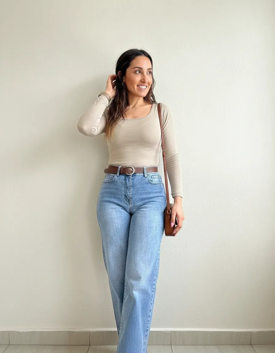 Jean Wide Leg Celeste Tiro Alto Elasticado Con Cinturón