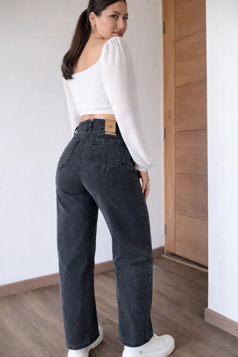 Jeans Mujer Negro Lavado Tiro Alto Elasticado Súper Cómodo