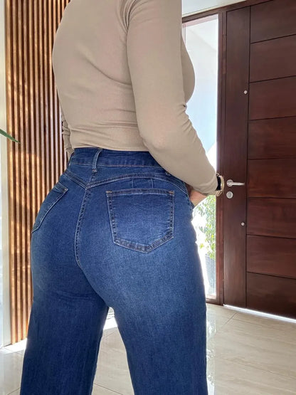 Jeans Mujer Wide Leg Azul Clásico Corte Recto Elasticado