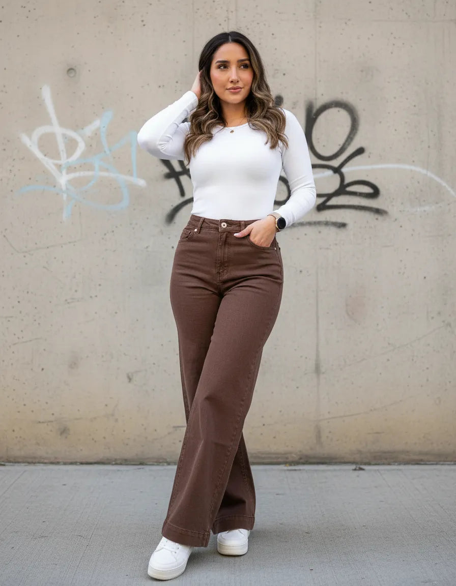 Jeans Mujer Palazzo Café Tiro Alto Elasticado Horma Grande