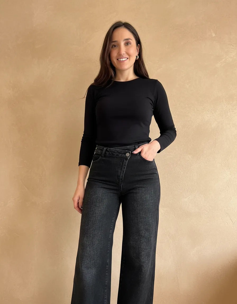 Jean Wide Leg Mujer Cintura Cruzada Tiro Alto Elastizado