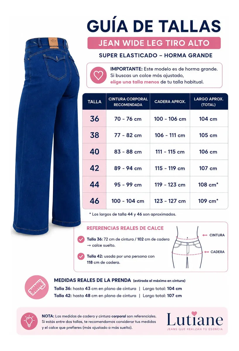 Jean Wide Leg Tiro Alto Elasticado Horma Grande Azul Intenso