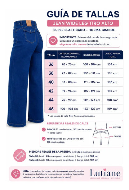 Jean Wide Leg Tiro Alto Elasticado Horma Grande Azul Intenso