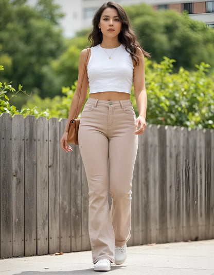 Jeans Mujer Flare Beige Elasticado Tiro Alto Push Up