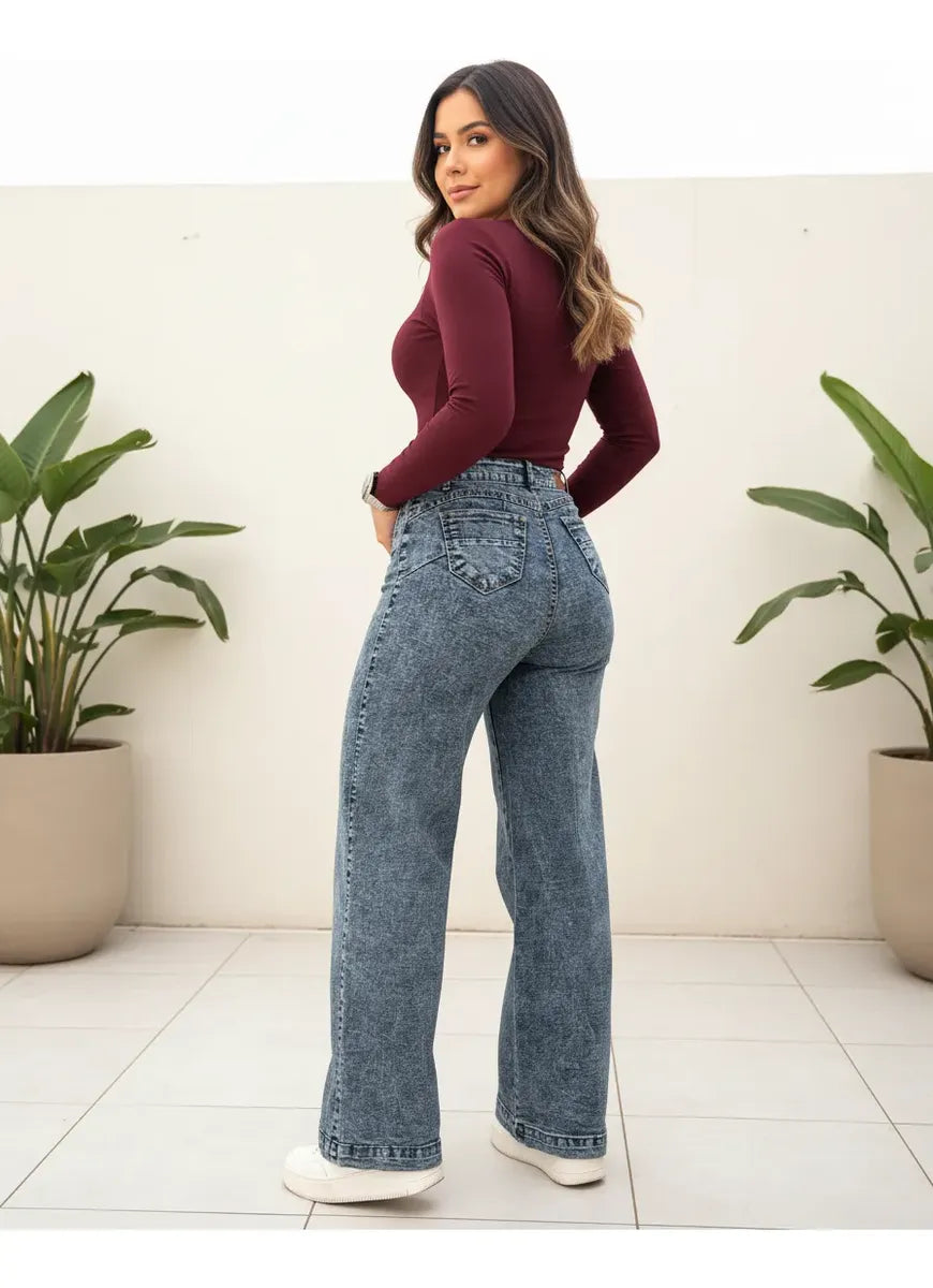 Jeans Super Wide Leg Tiro Alto Full Elasticado Bolsillos