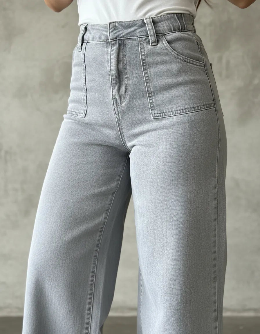 Jeans Super Wide Leg Tiro Alto Full Elasticado Bolsillos Gris Claro