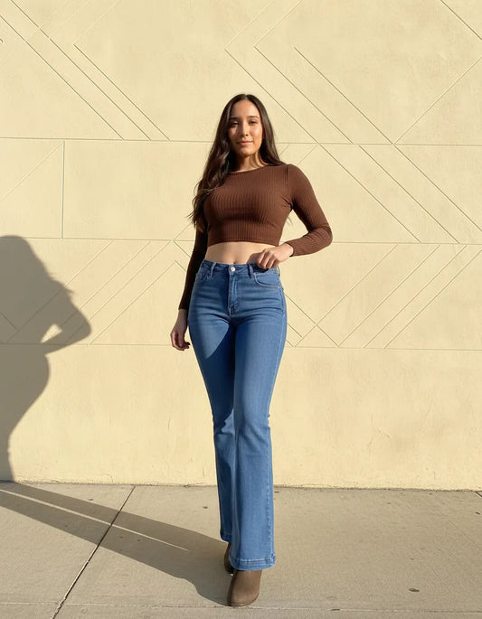 Jeans Flare Celeste Tiro Alto Elasticado Efecto Push Up