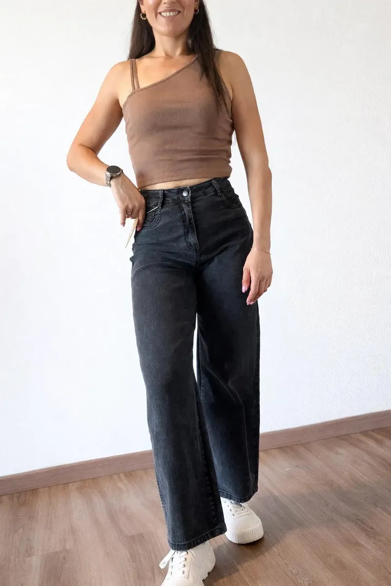 Jeans Mujer Negro Lavado Tiro Alto Elasticado Súper Cómodo