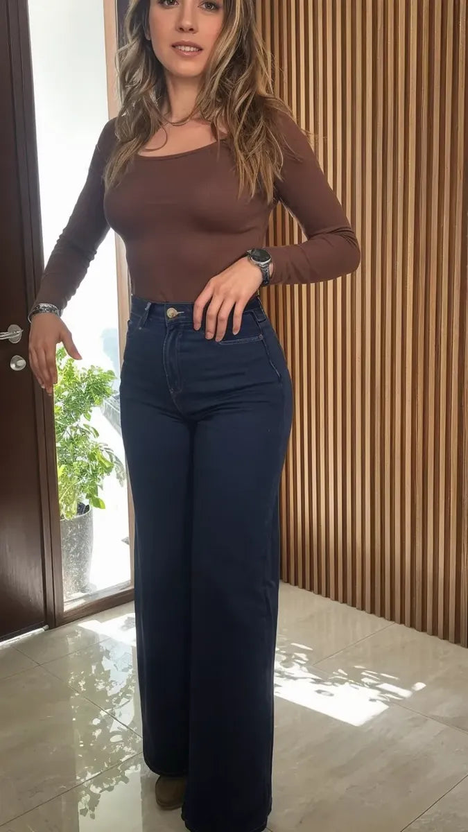 Jeans Mujer Wide Leg Azul Oscuro Corte Recto Elasticado